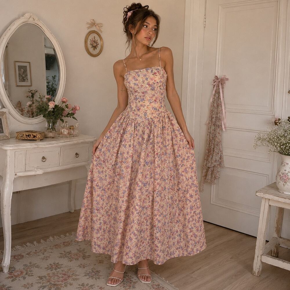 Saints and Secrets Floral Maxi Dress Sz S Coquette Cottage Fairy Babydoll Basque